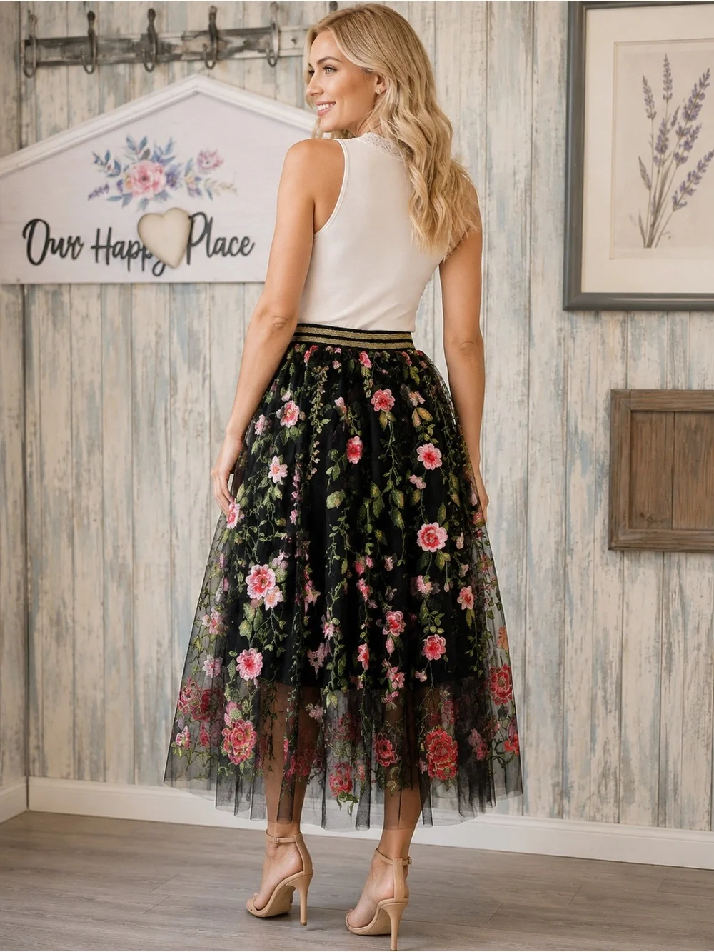 Aratta XL Dark Rose Embroidered Skirt Floral Midi Black Skirt S-2